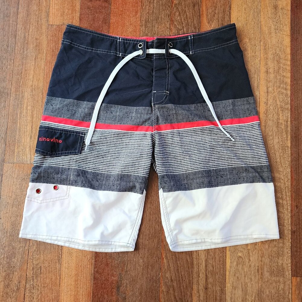 Ninovino Mens Dark Gray/Red Striped Swim Trunks Size 34